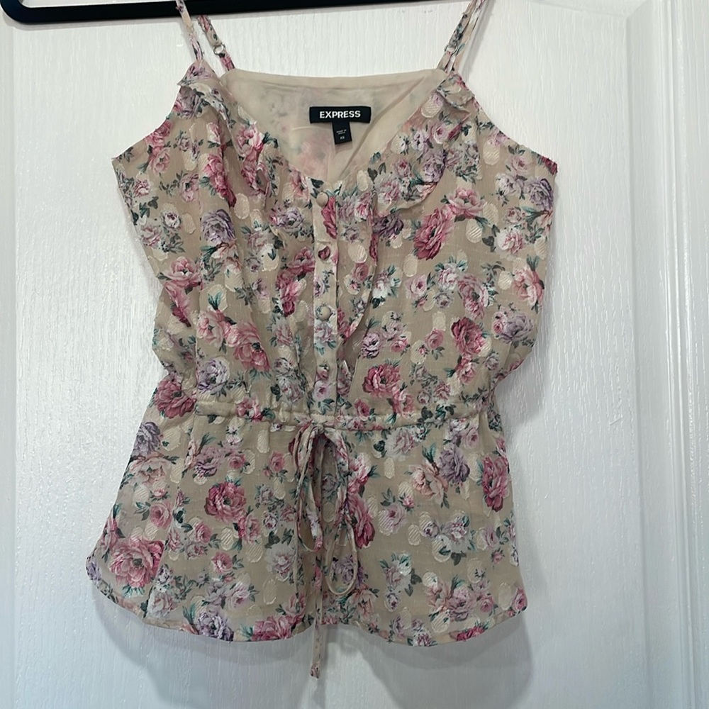 Flowered spaghetti strap top - with drawstring